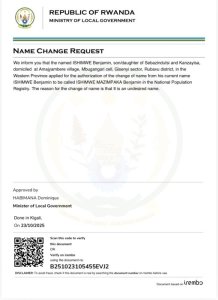 ISHIMWE Benjamin yasabye guhindura amazina akitwa ISHIMWE MAZIMPAKA Benjamin