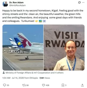 Uwabaye Ambasaderi wa mbere wa Israel mu Rwanda yita iwabo ha kabiri yishimiye kurugarukamo