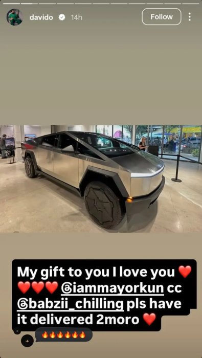 Davido yahaye Mayorkun imodoka ya Tesla Cybertruck nk'impano yihariye