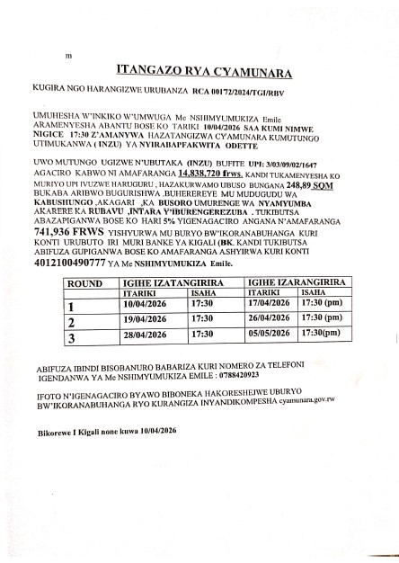 ITANGAZO RYA CYAMUNARA Y'UMUTUNGO UTIMUKANWA