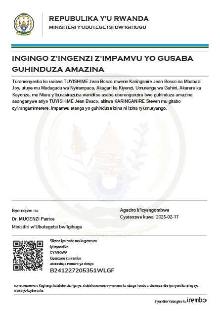 TUYISHIME Jean Bosco yasabye guhindura amazina akitwa KARINGANIRE Steven