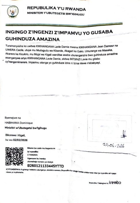 KWIHANGANA Lavie Damie yasabye guhindura amazina akitwa INTSINZI Lavie
