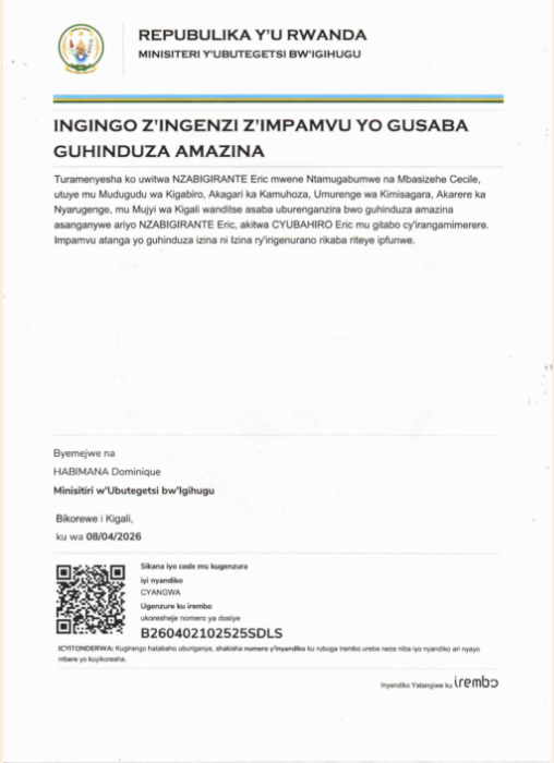 NZABIGIRANTE Eric yasabye guhindura amazina akitwa CYUBAHIRO Eric