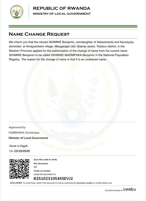 ISHIMWE Benjamin yasabye guhindura amazina akitwa ISHIMWE MAZIMPAKA Benjamin
