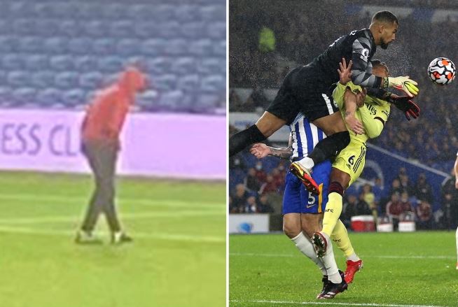 Myugariro wa Arsenal yakuwe iryinyo n'abakinnyi ba Brighton ajya kurishaka umukino urangiye