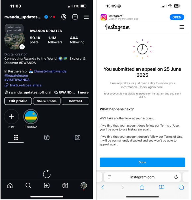 Konti ya Rwanda Updates yakurikirwaga n'abarenga miliyoni kuri Instagram yakuweho