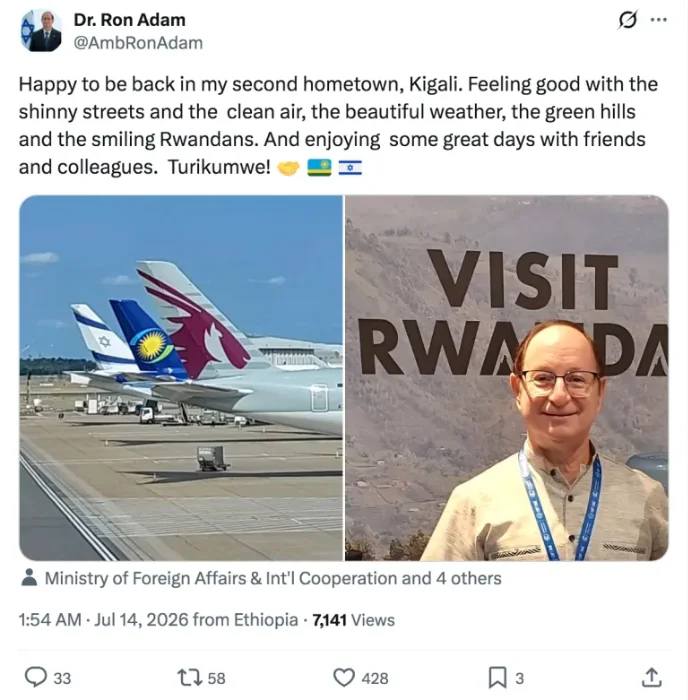 Uwabaye Ambasaderi wa mbere wa Israel mu Rwanda yita iwabo ha kabiri yishimiye kurugarukamo