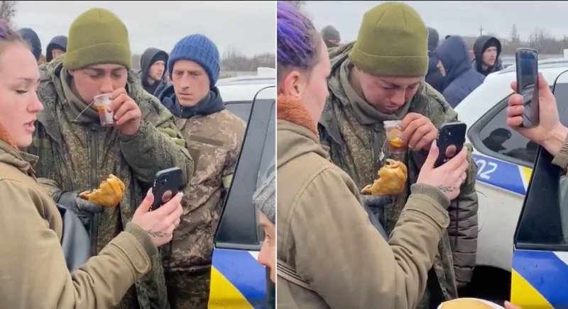 Umusirikare w'Uburusiya yamanitse amaboko abaturage ba Ukraine baramugaburira ararira